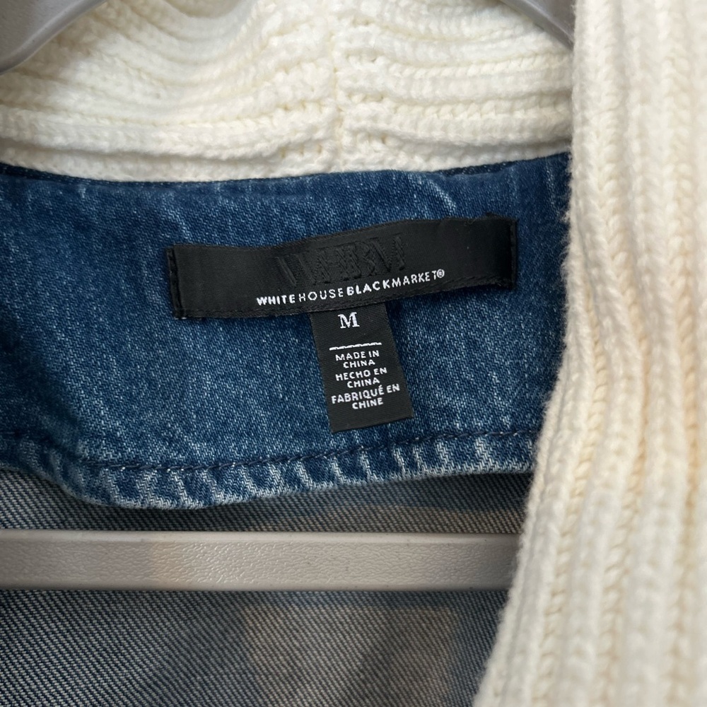 White House Black Market Blue Jean Jacket with Cream Collar - Picture 2 of 3